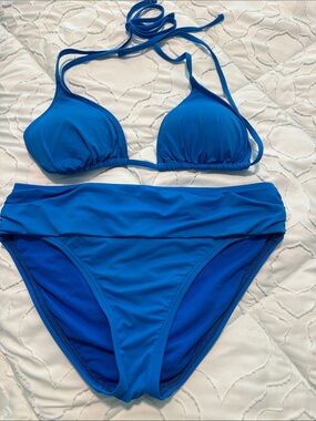 Women's Blue Bikini Set - Classic Halter Top & High Waist Bottom